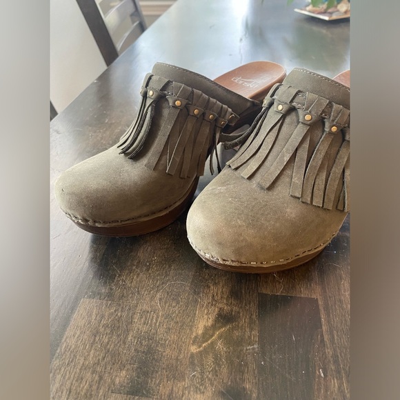 Green/Gray Nubuck Dansko Heeled Clogs - Picture 4 of 10